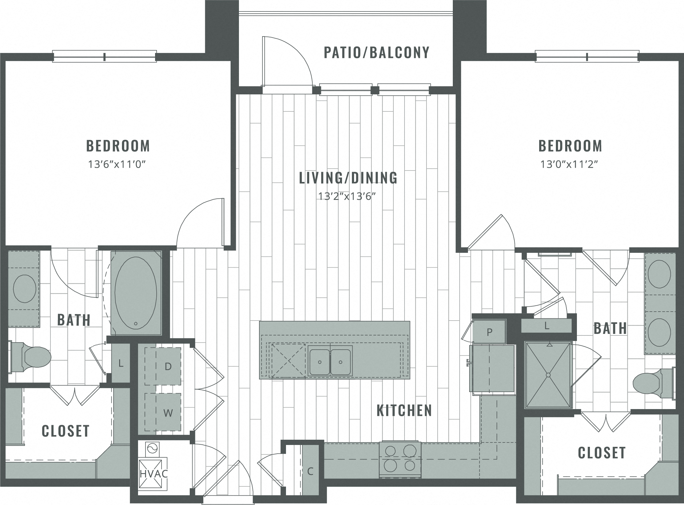 Floor plan for 2 beds, 2 baths, 1062 sqft